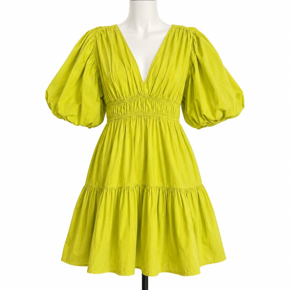 Japna Puff Sleeve Mini Dress Lime Green Cotton Women’s L